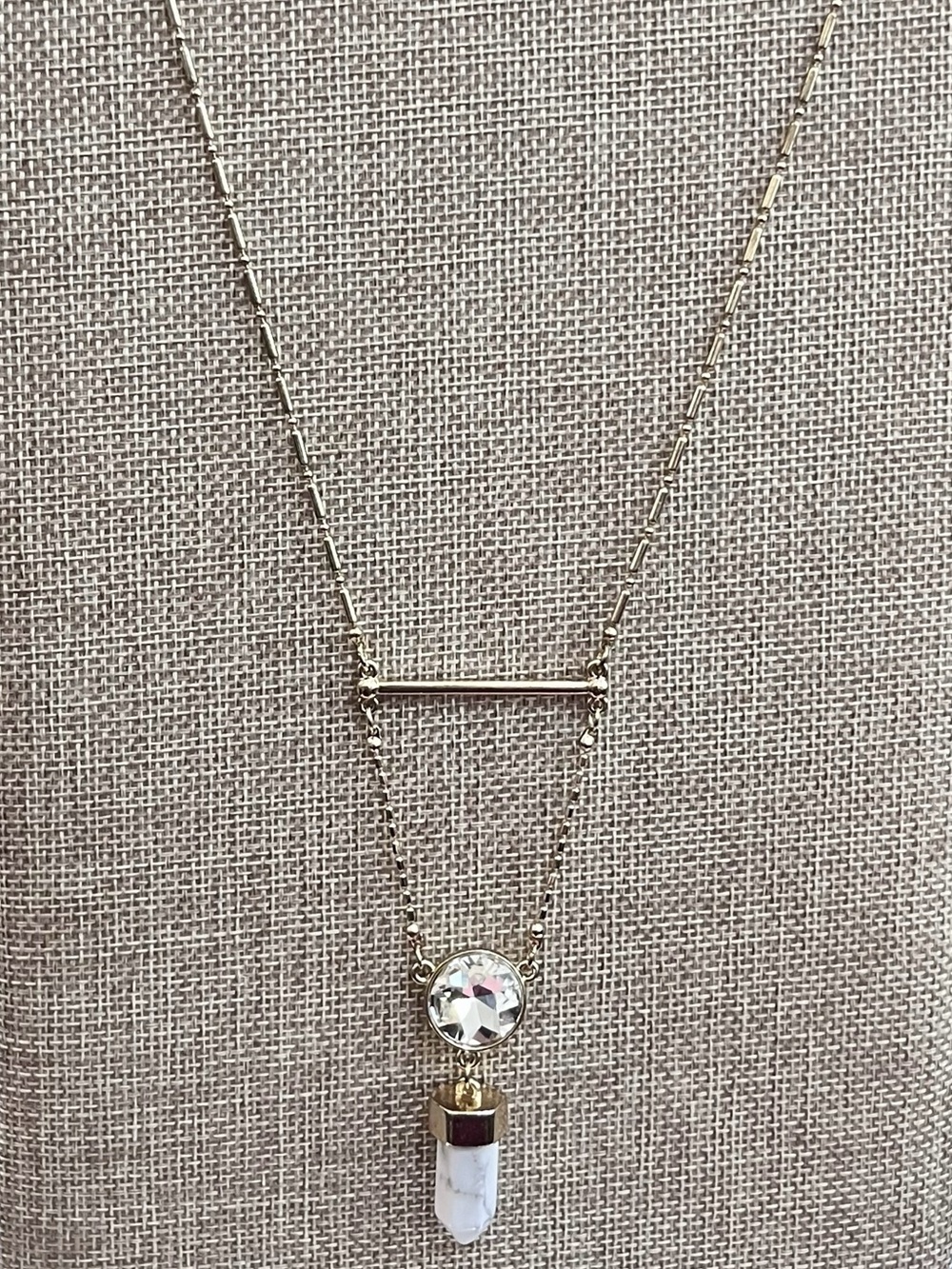 Gold Tone Bar and Ball Link Necklace, Pendant, Crystal Rivoli, Howlite Point